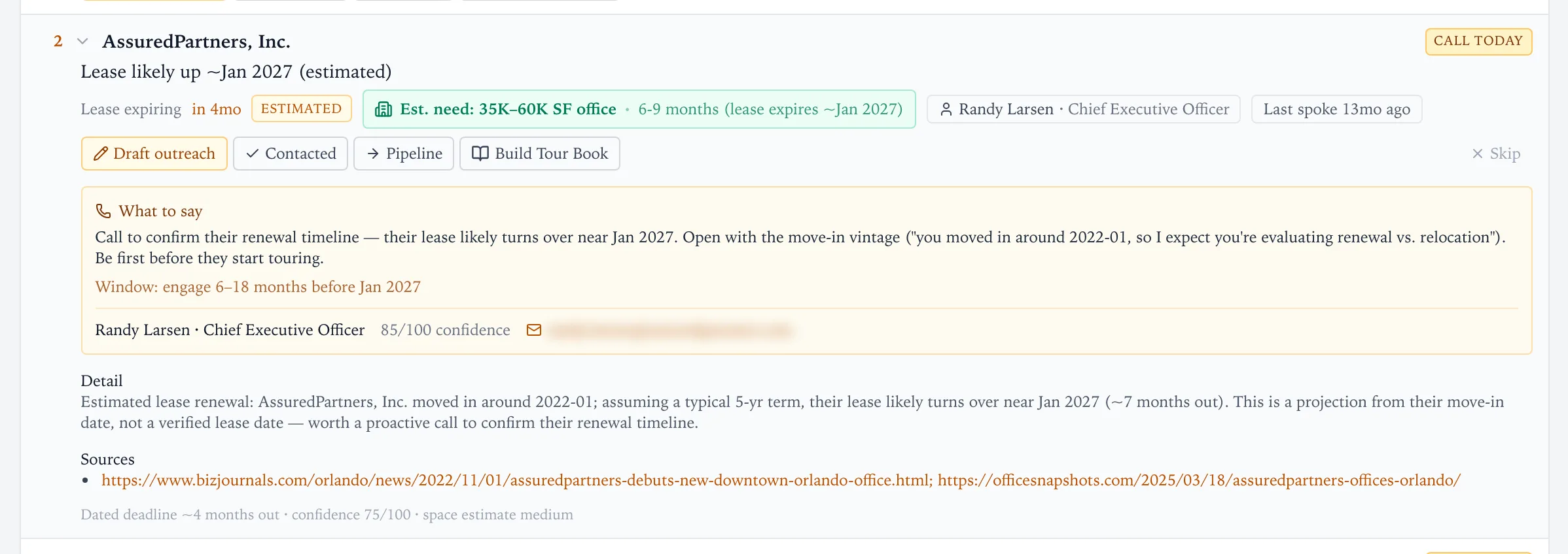 An expanded row for AssuredPartners with a What to say call script, contact email, detail and sources