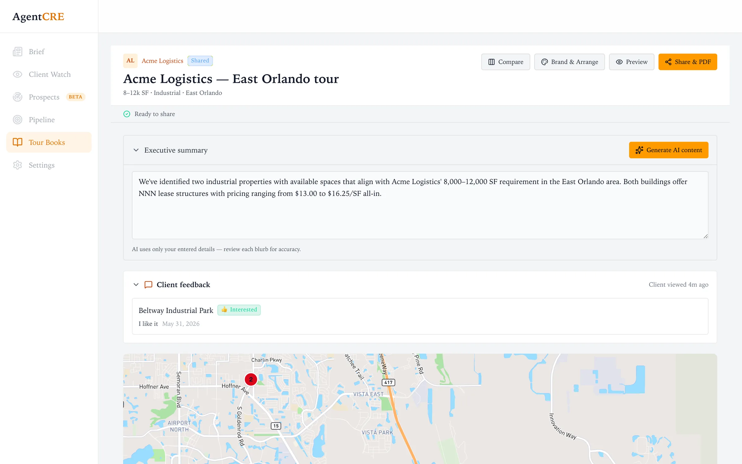 Tour Book builder for Acme Logistics East Orlando tour showing executive summary, client feedback and map
