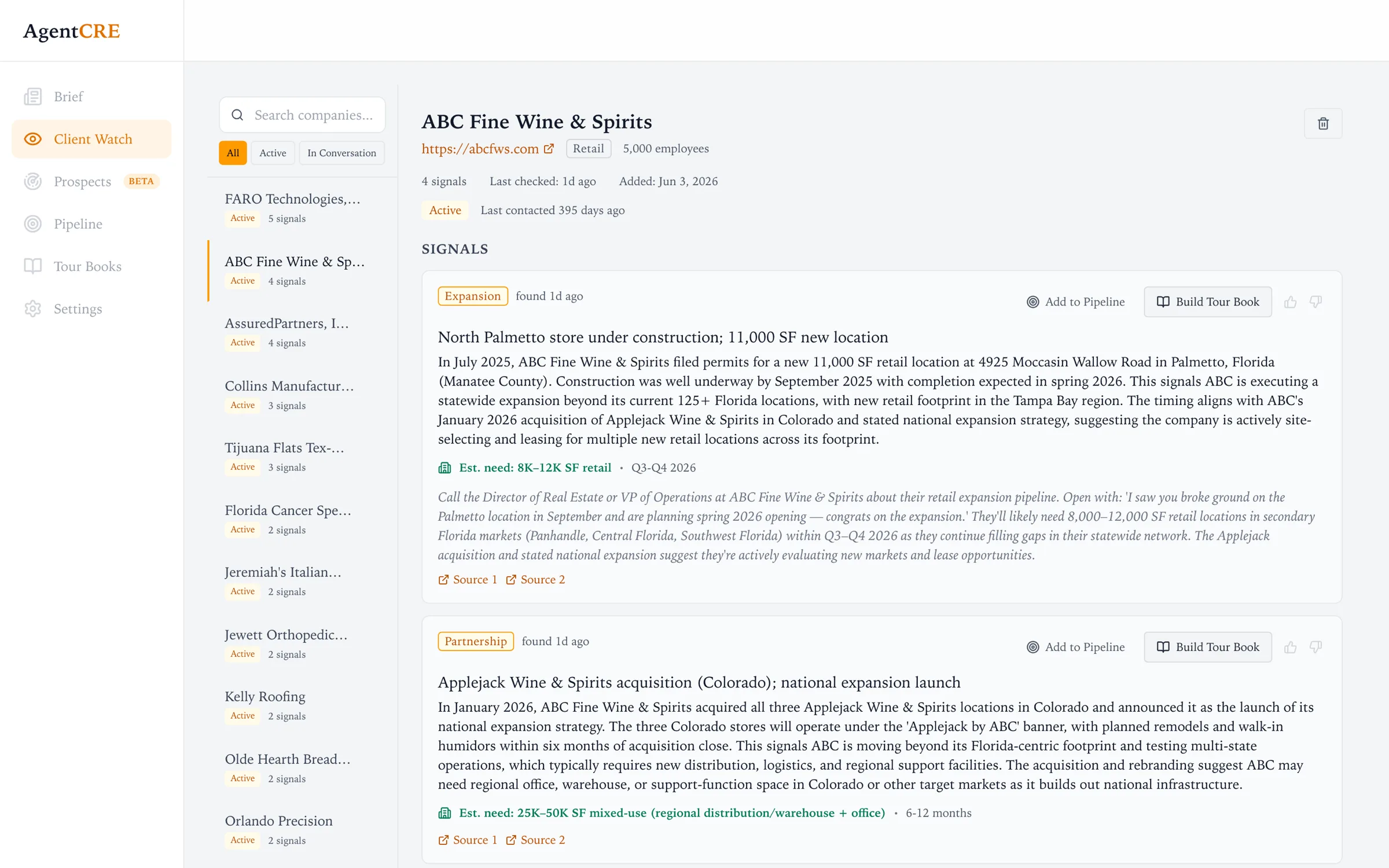 Client Watch showing ABC Fine Wine & Spirits with expansion and partnership signals