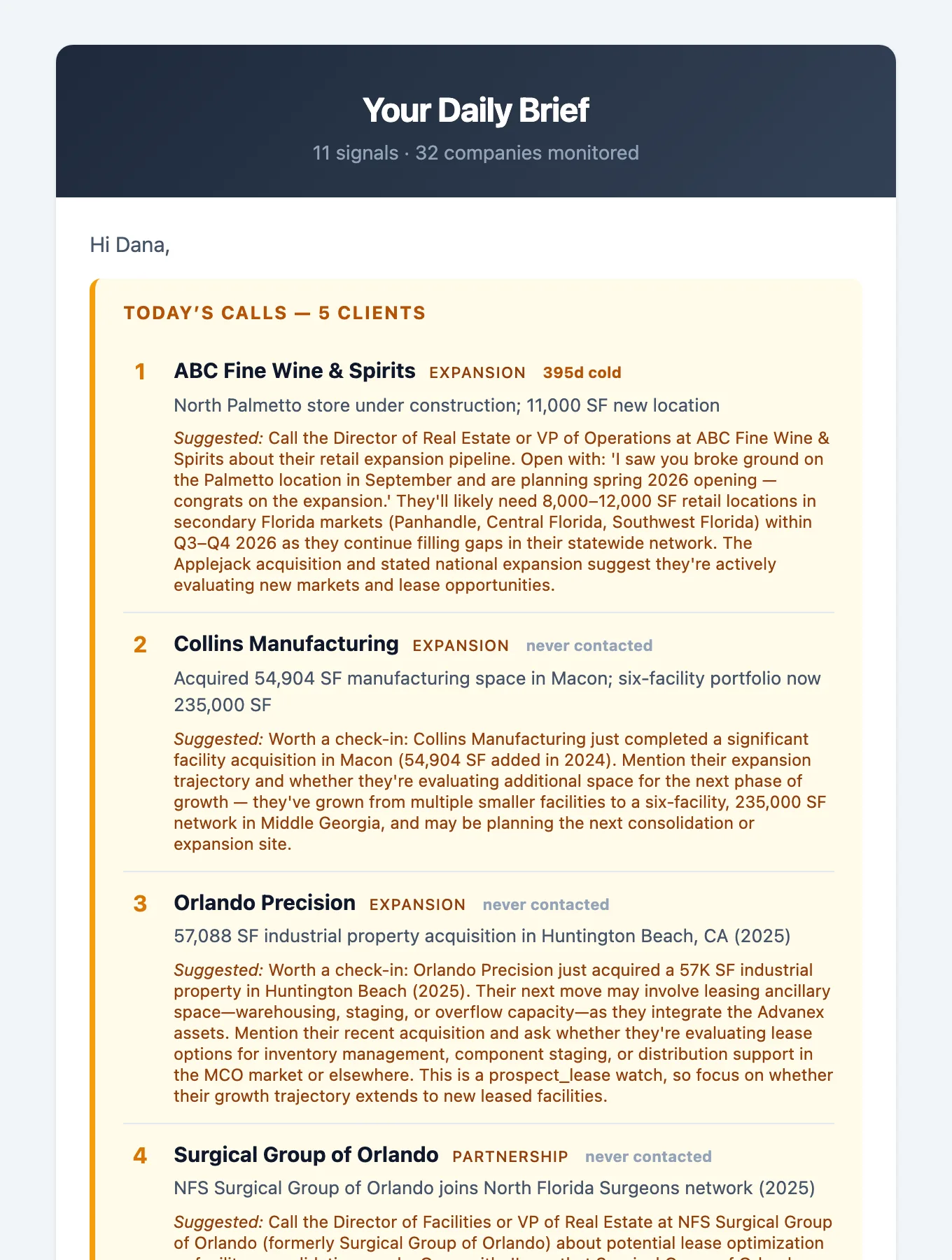Daily Brief email listing today's calls, each with a suggested opener