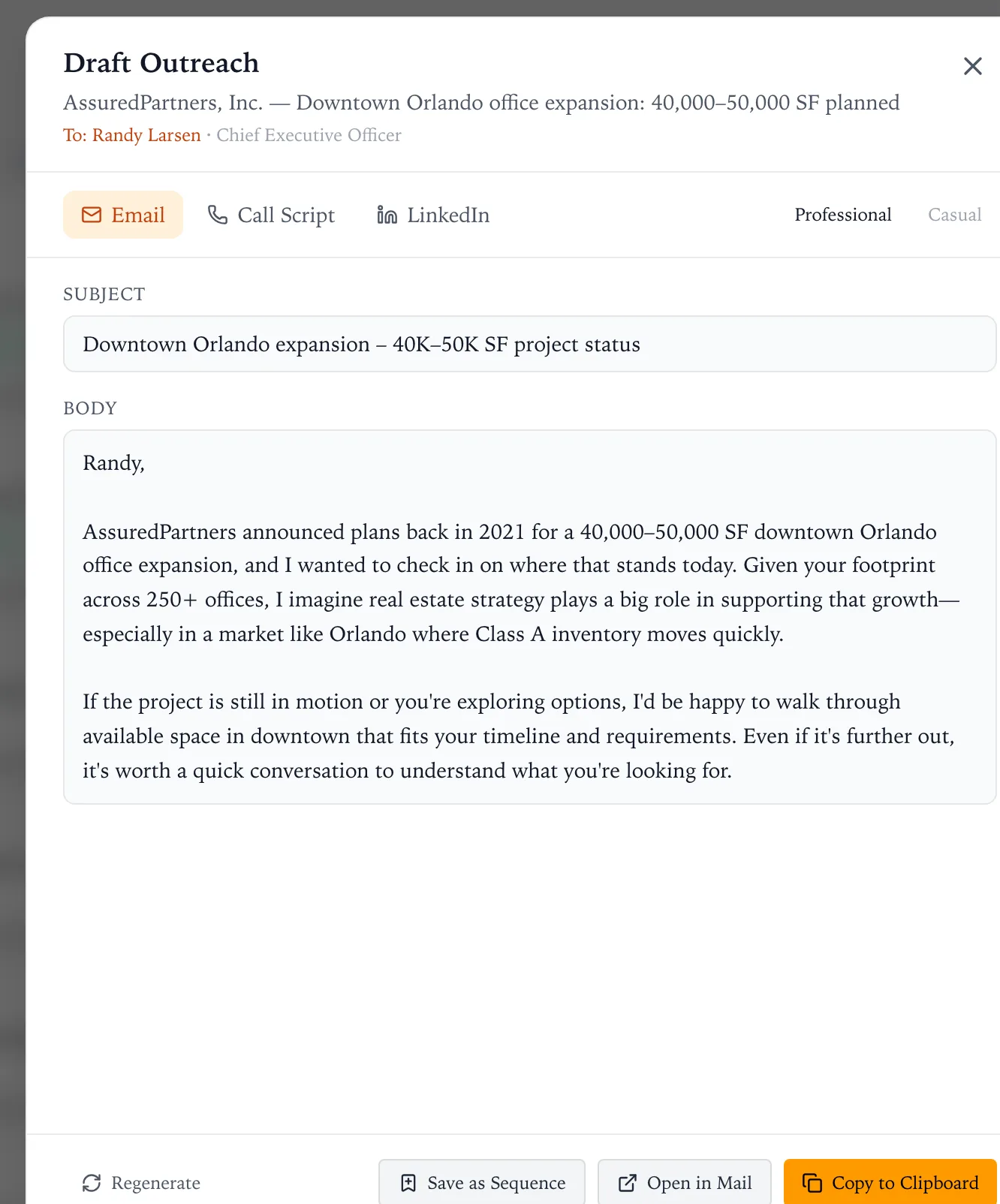 Draft Outreach window with an email to Randy Larsen about the AssuredPartners lease renewal