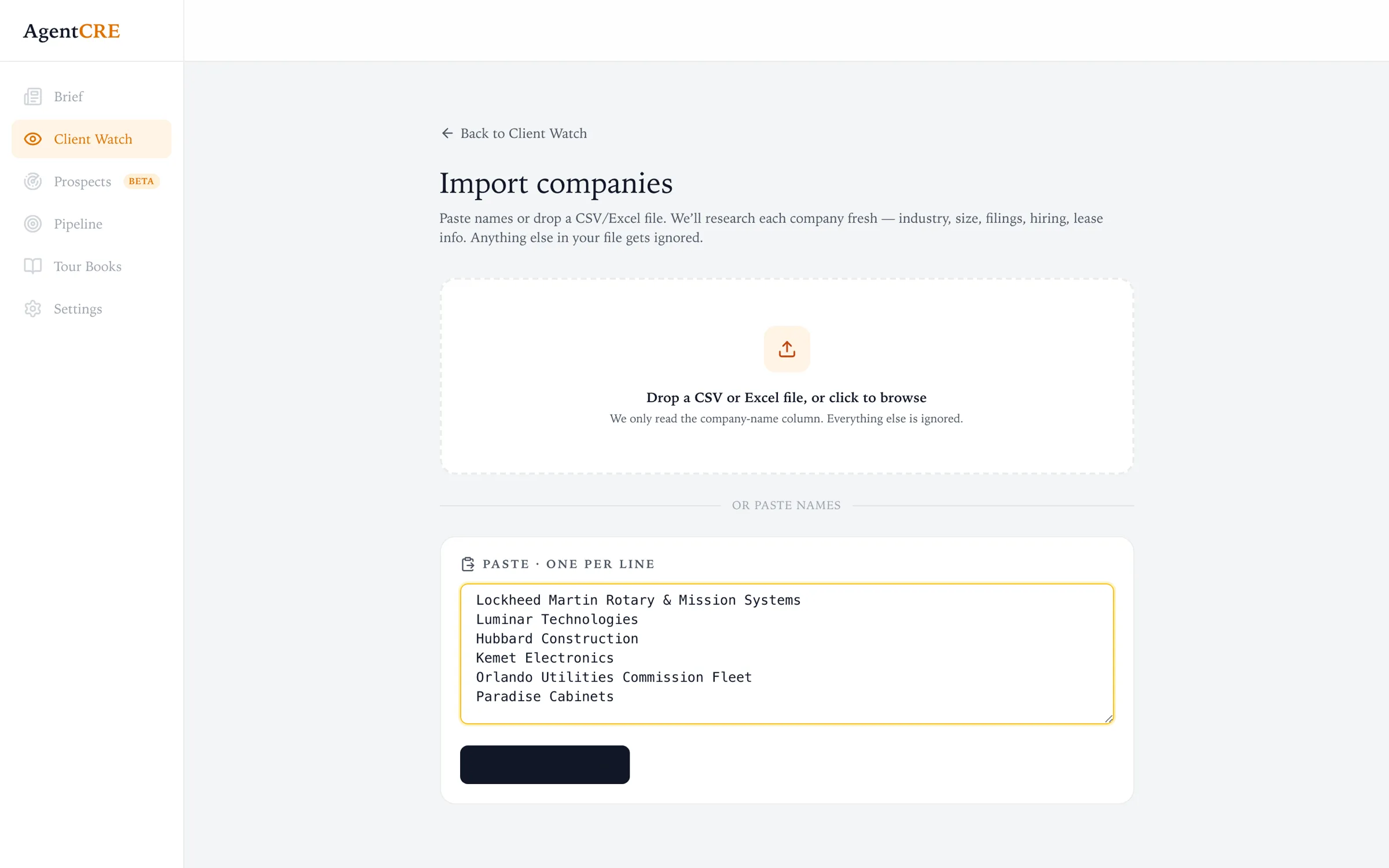 Import companies page with a file drop zone and a paste box filled with six company names
