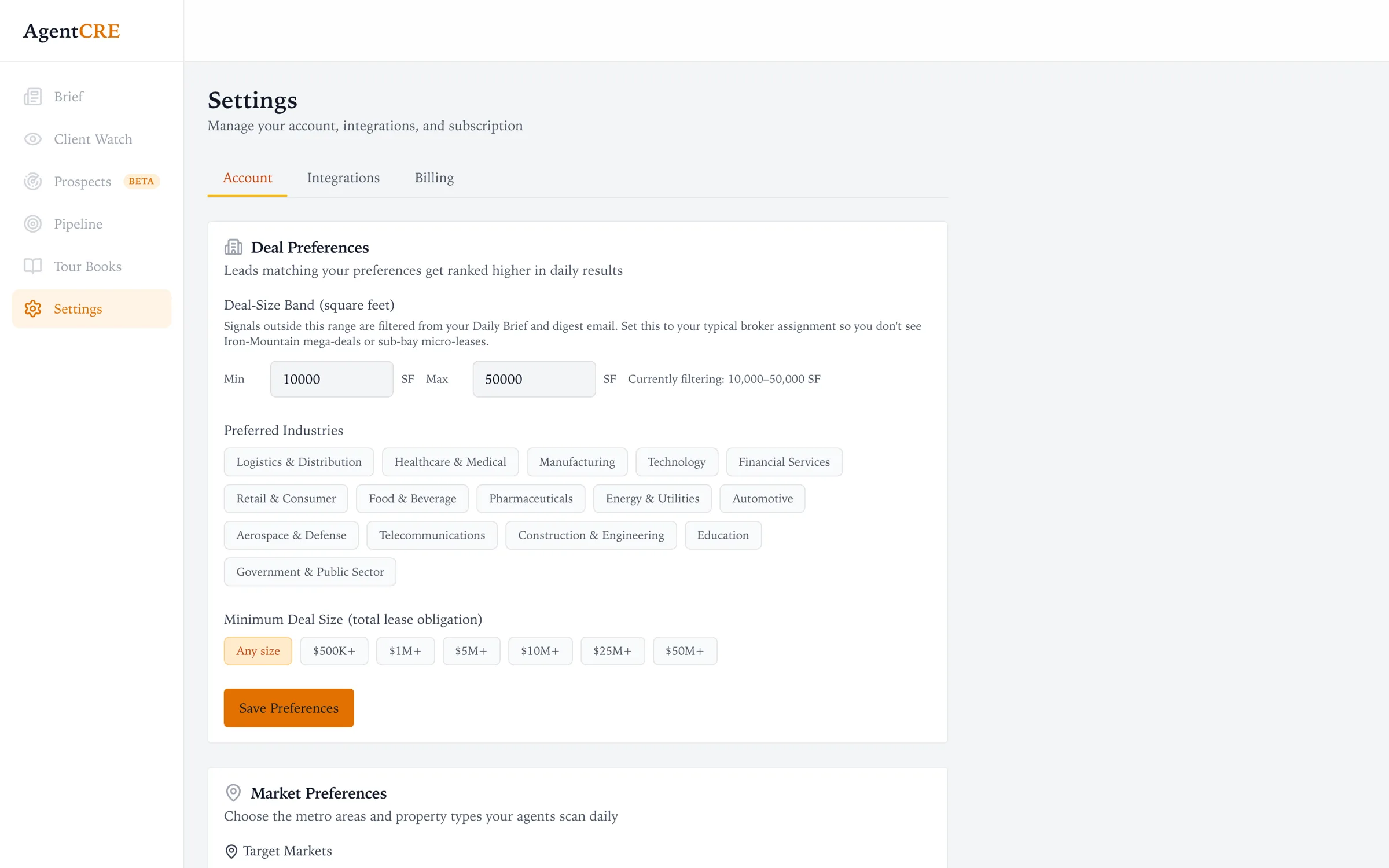 Settings Account tab with deal-size band, preferred industries and minimum deal size