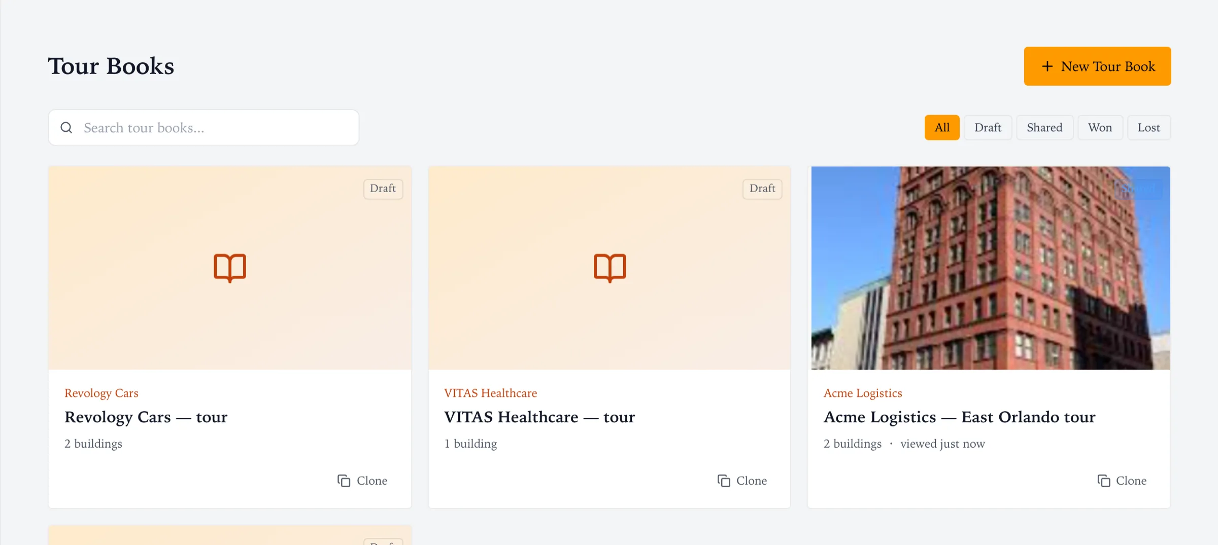 Tour Books library with Revology Cars, VITAS Healthcare and Acme Logistics tours